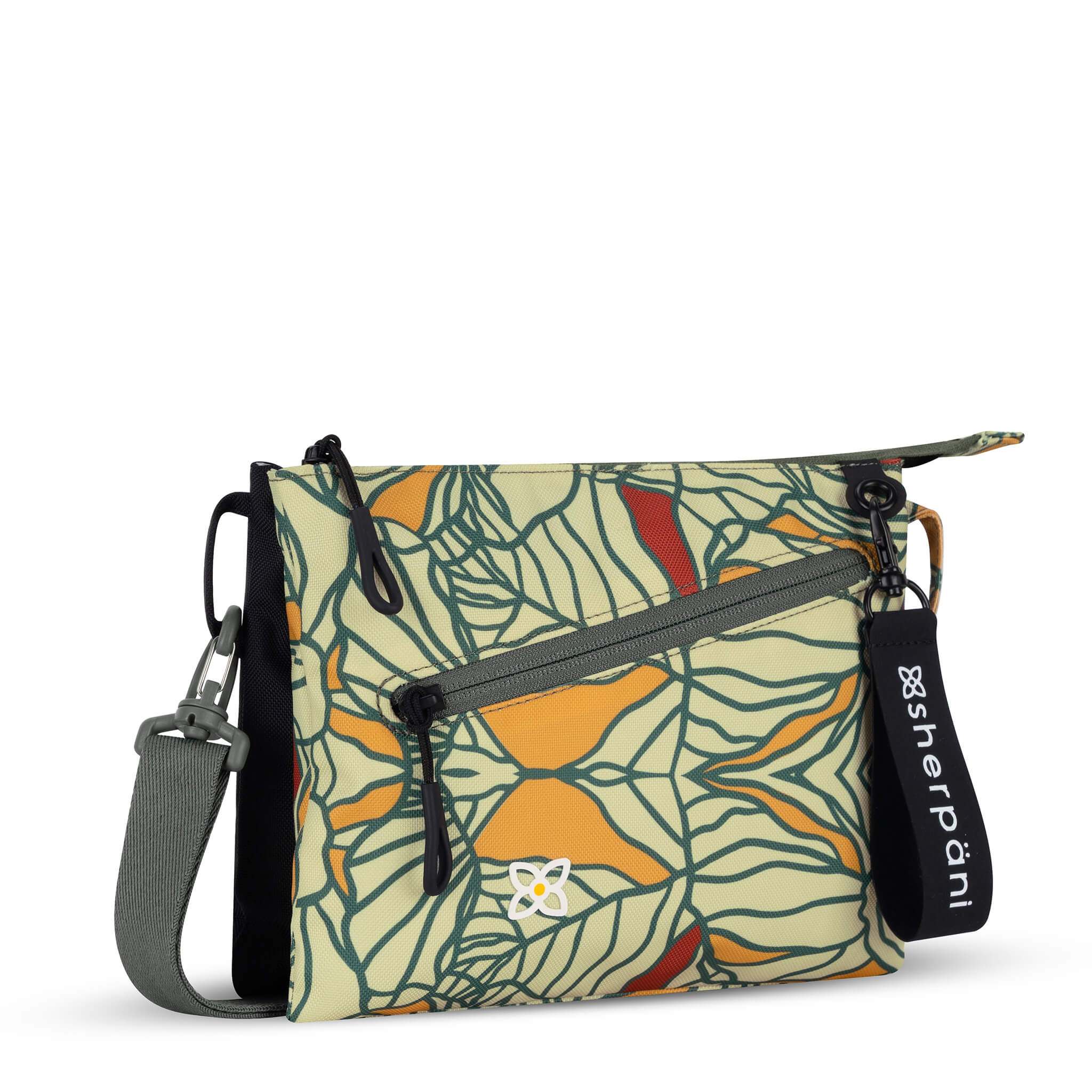 Angled front view of Sherpani small crossbody bag, the Zoom in Fiori. Special features of the Zoom include RFID protection, adjustable crossbody strap, removable strap, removable keychain, outside zipper pocket, internal divider, internal zipper pockets and back slip pocket. The Fiori colorway is two-toned in black and a floral pattern with a neutral color palette.