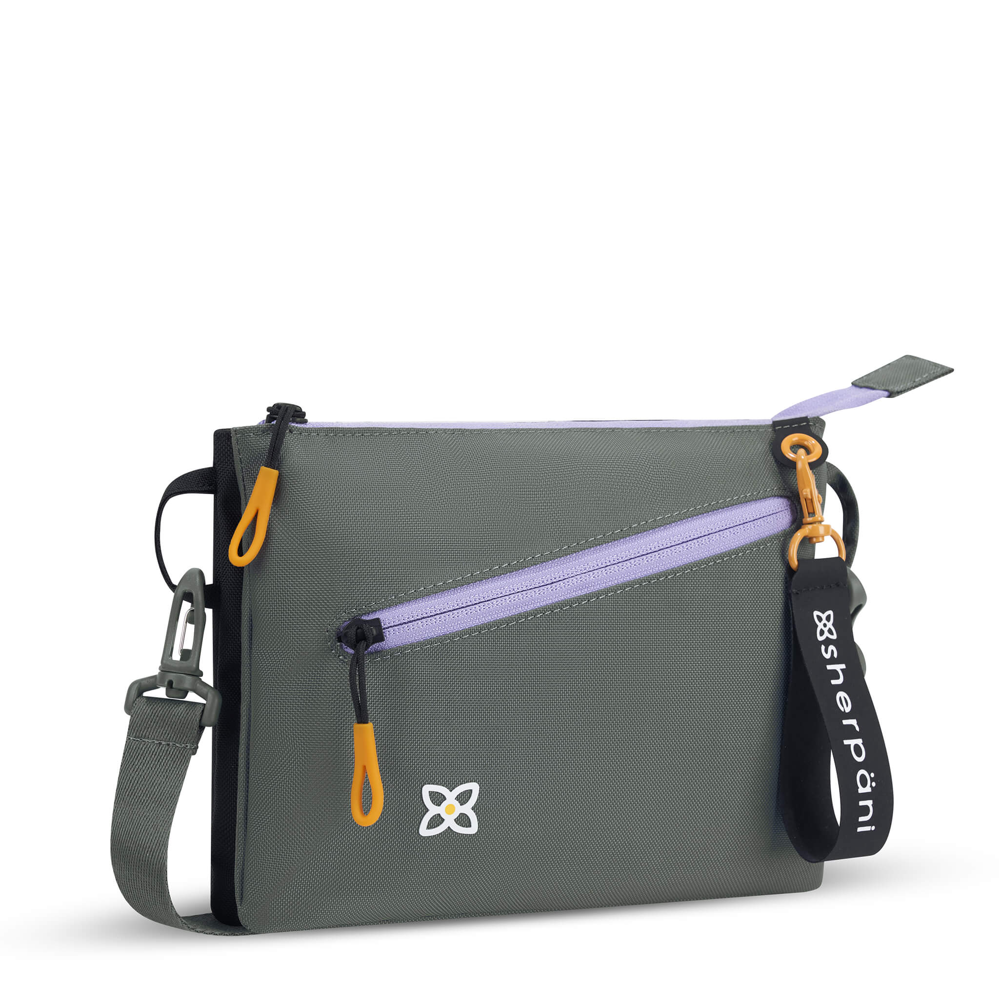 Angled front view of Sherpani small crossbody bag, the Zoom in Juniper. Special features of the Zoom include RFID protection, adjustable crossbody strap, removable strap, removable keychain, outside zipper pocket, internal divider, internal zipper pockets and back slip pocket. The Juniper color is two-toned in gray and black with accents in yellow and purple.