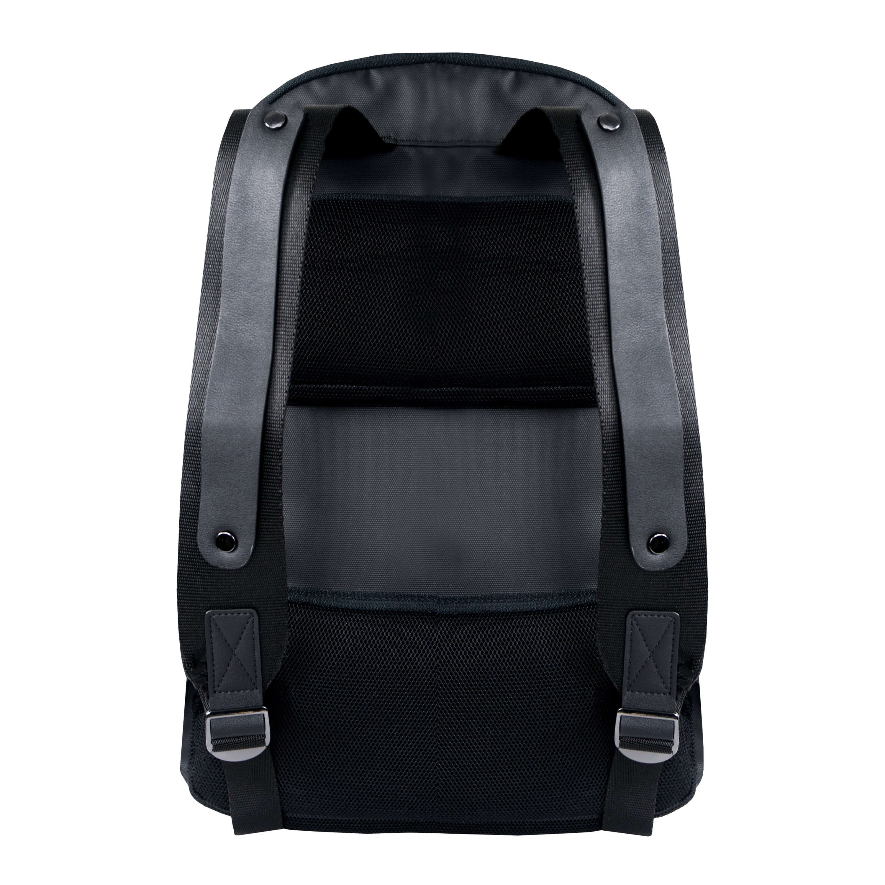 Flat back view of Sherpani&#39;s Anti-Theft backpack, the Presta. The back of the back is entirely black, and shows adjustable/padded backpack straps.