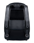 Flat back view of Sherpani's Anti-Theft backpack, the Presta. The back of the back is entirely black, and shows adjustable/padded backpack straps.