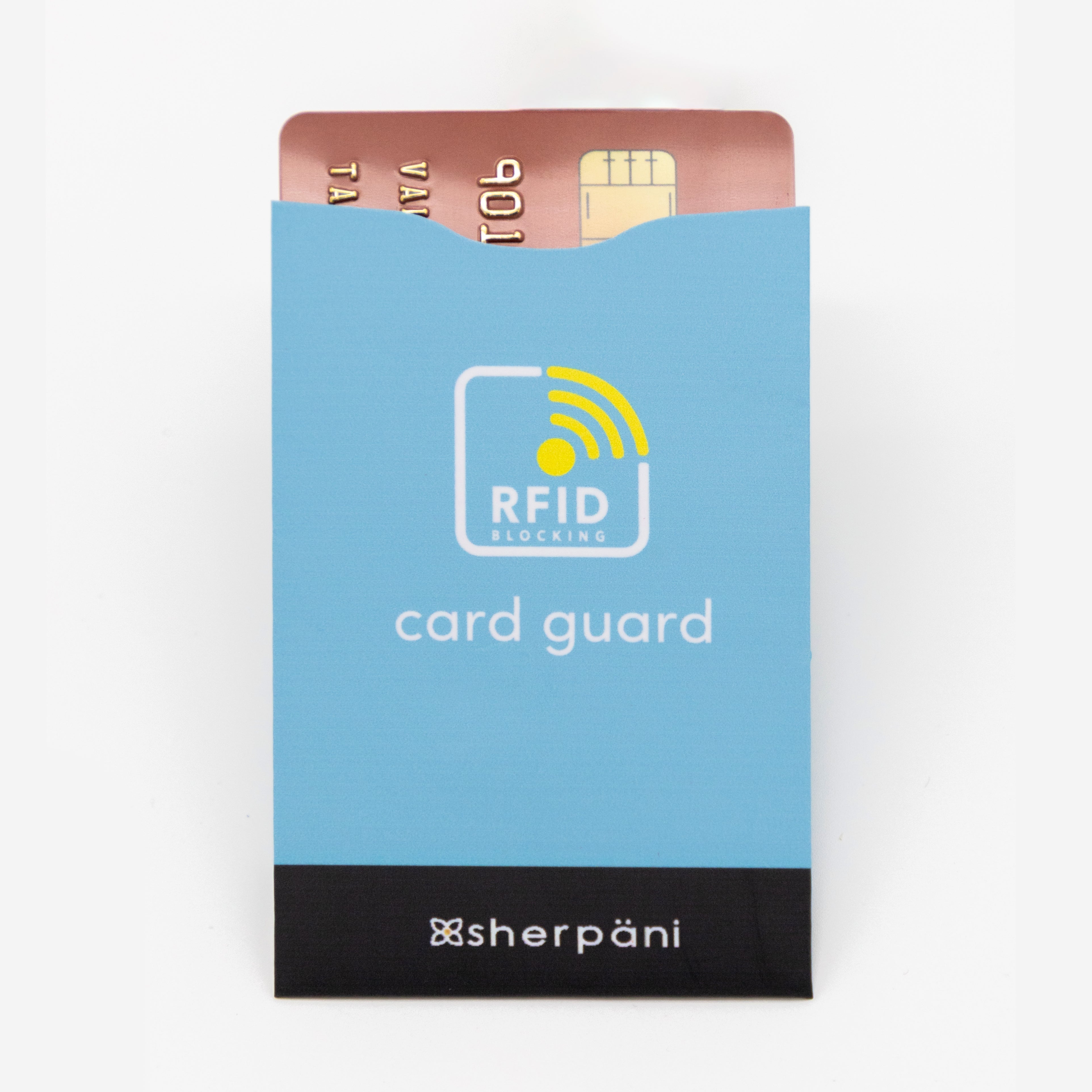 Front view of card guard in Maui Blue with credit card inside.