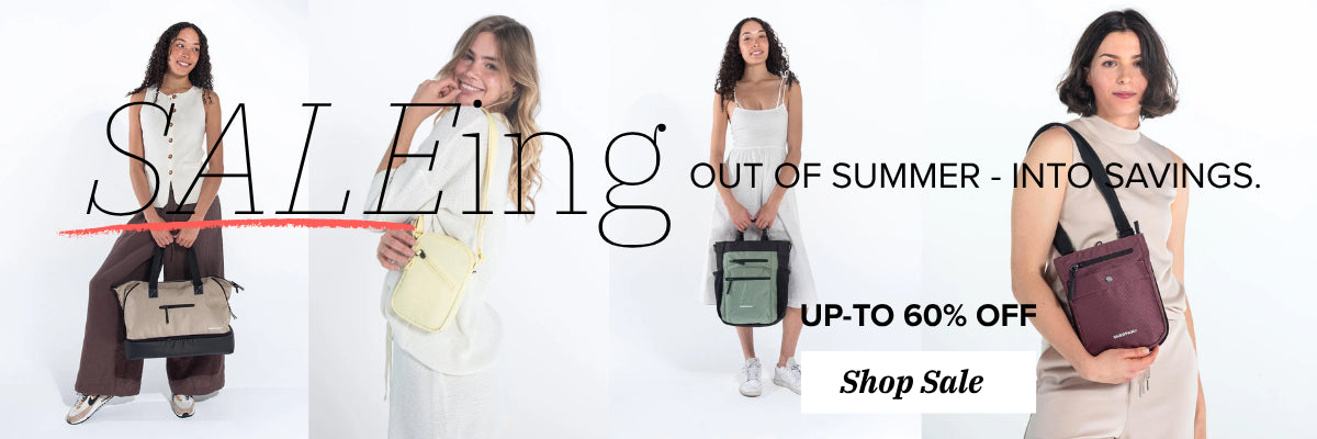 A promotional banner featuring four women modeling various Sherpani bags, promoting 'SALE' and 'OUT OF SUMMER INTO SAVINGS - 60% off. 