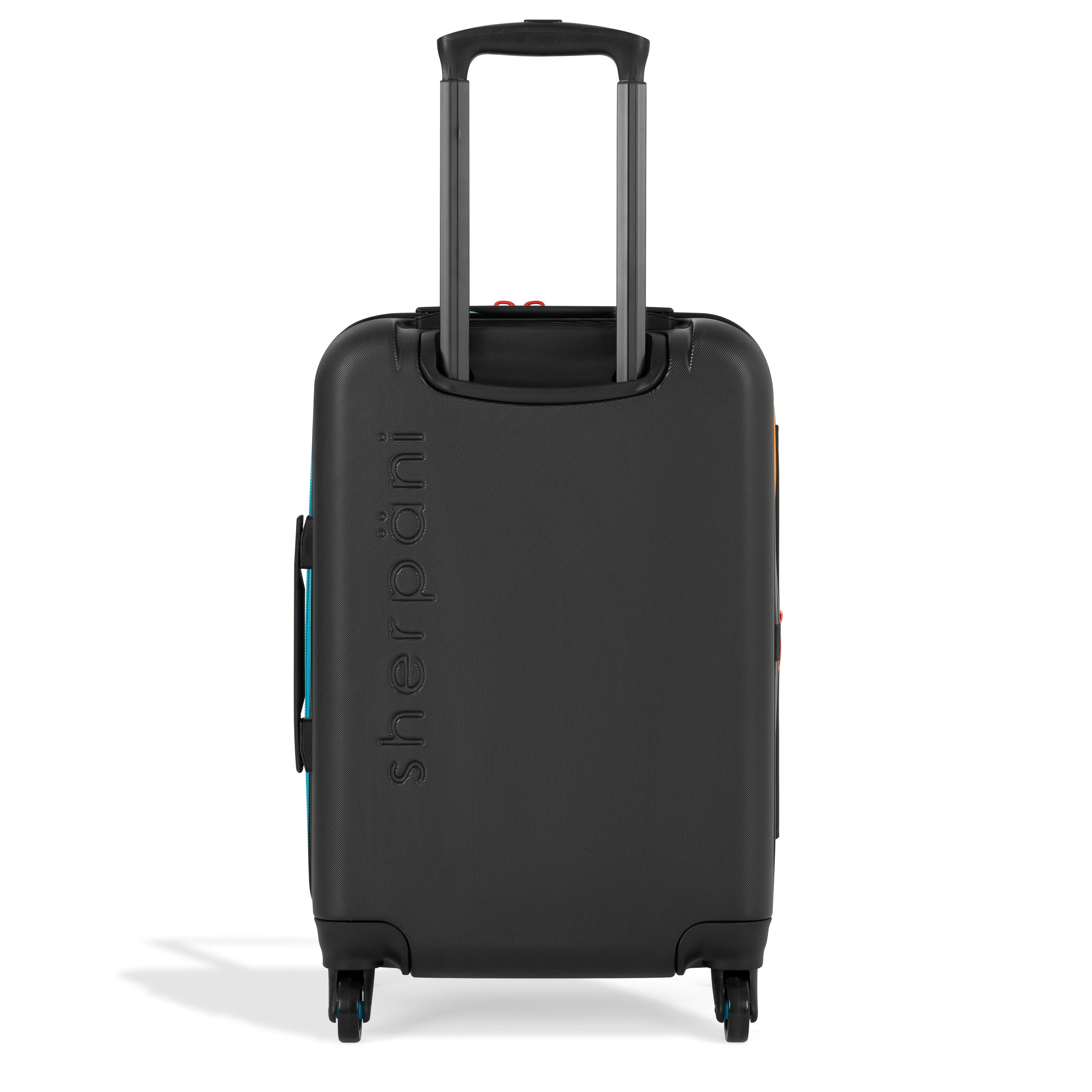 Back view of Sherpani hard-shell carry-on luggage, the Meridian in Chromatic. Meridian features include a retractable luggage handle, uncrushable exterior, TSA-approved locking zippers and four 36-degree spinner wheels. Chromatic color is primarily black with pops of color in red, yellow and blue. 